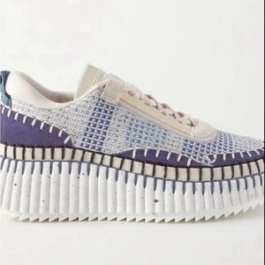 Chloe Nama Embroidered Suede And Recycled Mesh Sneakers in White/ Blue